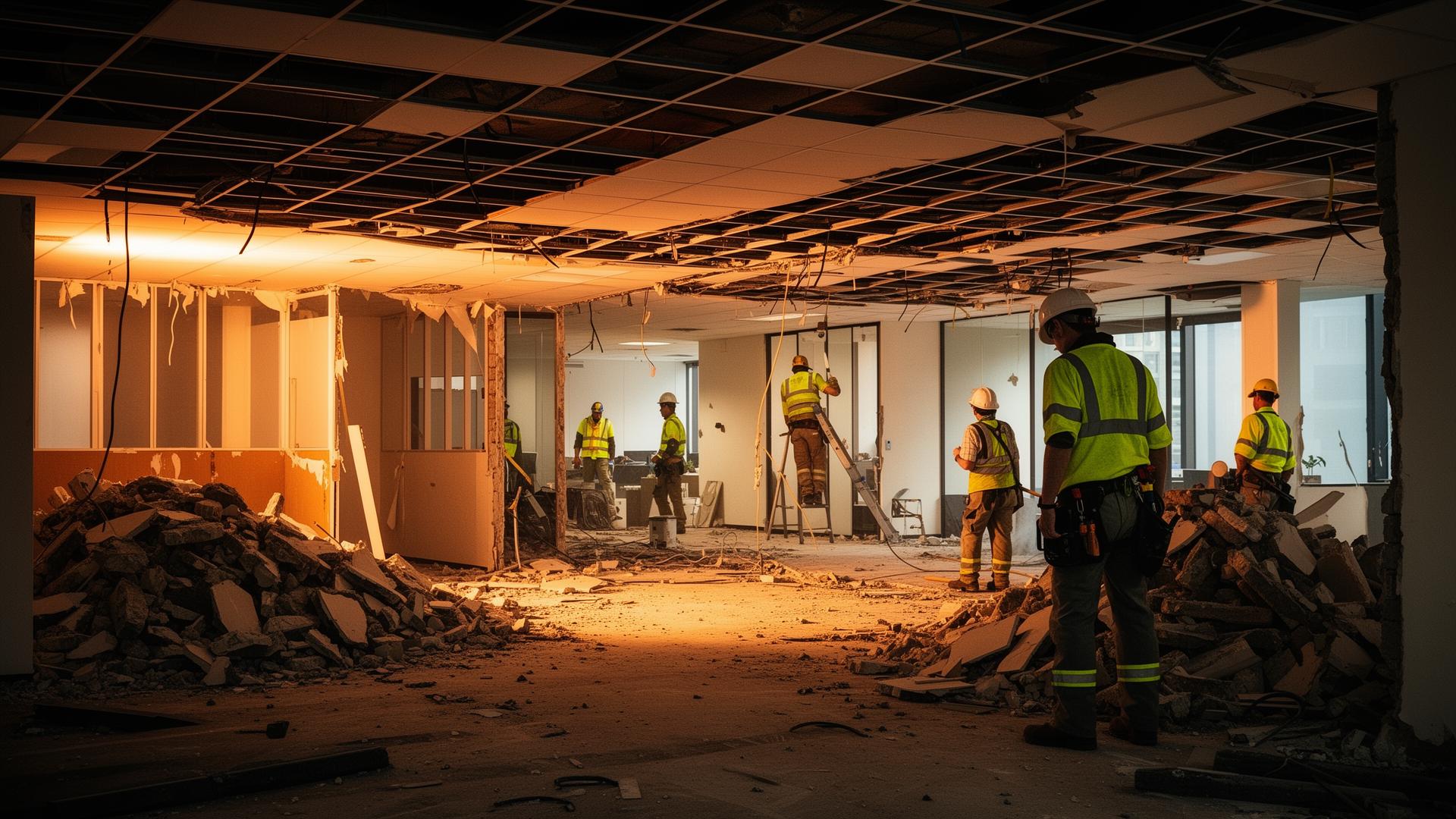 Excavator demolishing commercial building at sunset in Sydney